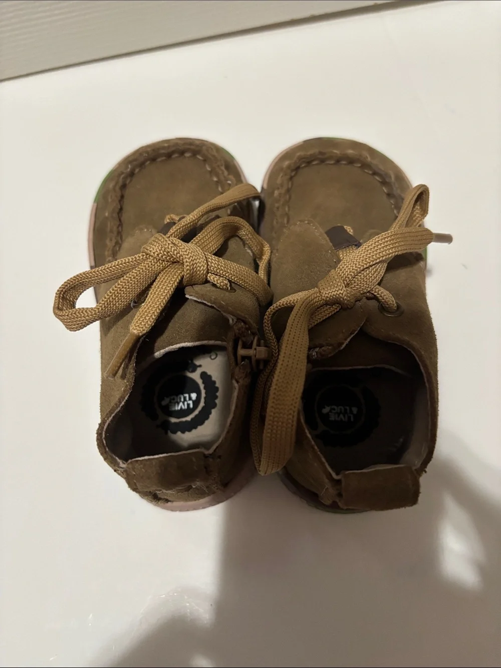 Livie & Luca green Suede Moccasin Boots with Camo Sole Accents